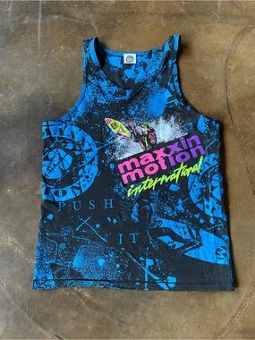 VTG 90s Maxxin Motion AOP All Over Print Vibrant Surfing Sports Tank